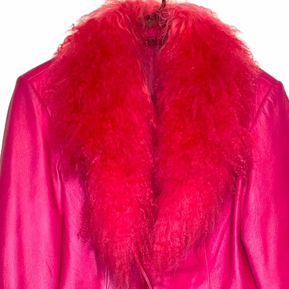 Genuine leather pink mongolian fur trim jacket - Picture 2 of 8